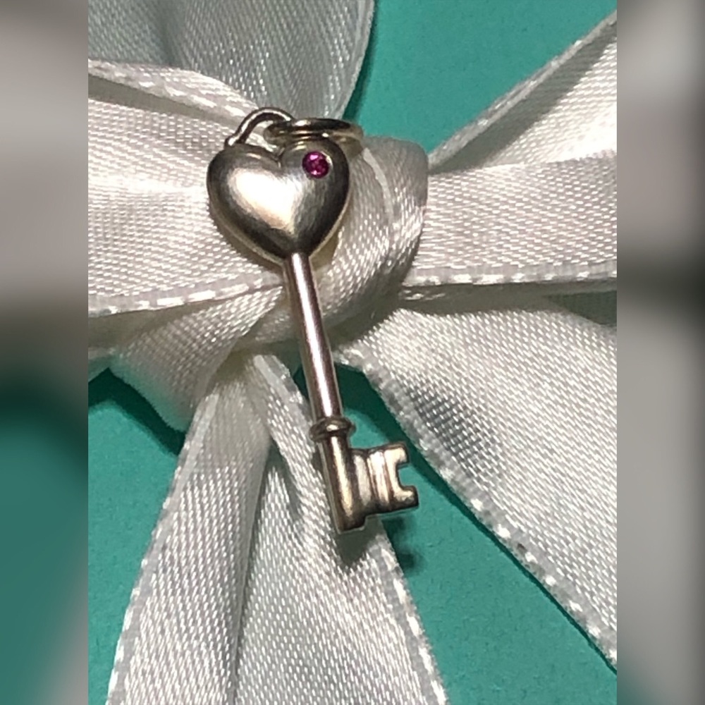 Tiffany Pink Sapphire Heart Key Charm Mini Retired